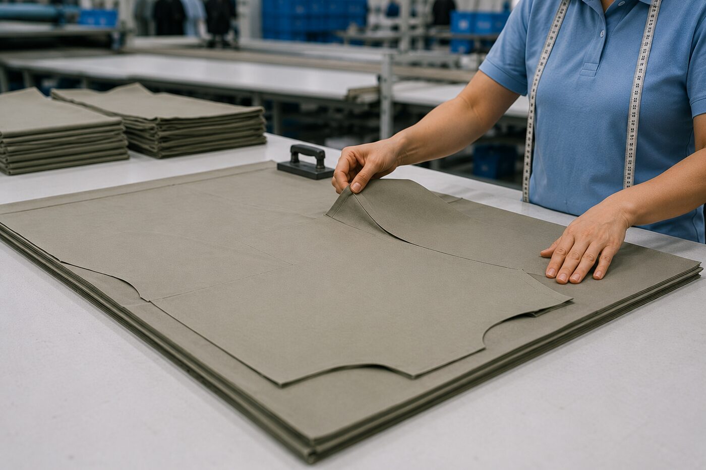 Worker handling a cut fabric layer on the production floor